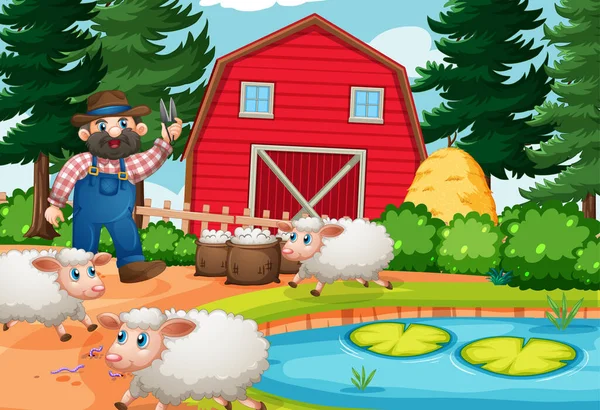 Agricultor Com Fazenda Animais Cena Fazenda Desenho Animado Ilustração Estilo —  Vetores de Stock