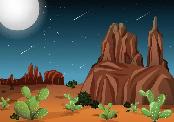 Pustynia Górami Skalnymi Krajobrazem Kaktusa Nocy Sceny Ilustracja — Wektor stockowy