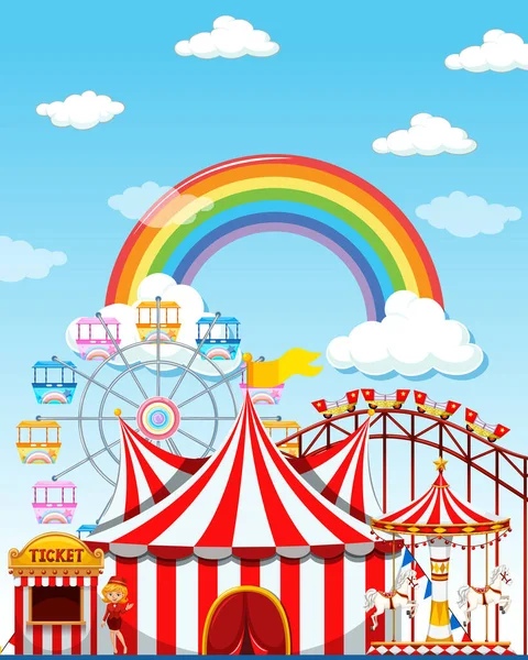 Amusement Park Scene Daytime Rainbow Sky Illustration — Stock Vector