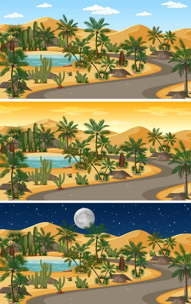 Desert nature landscape scene at different times of day illustration