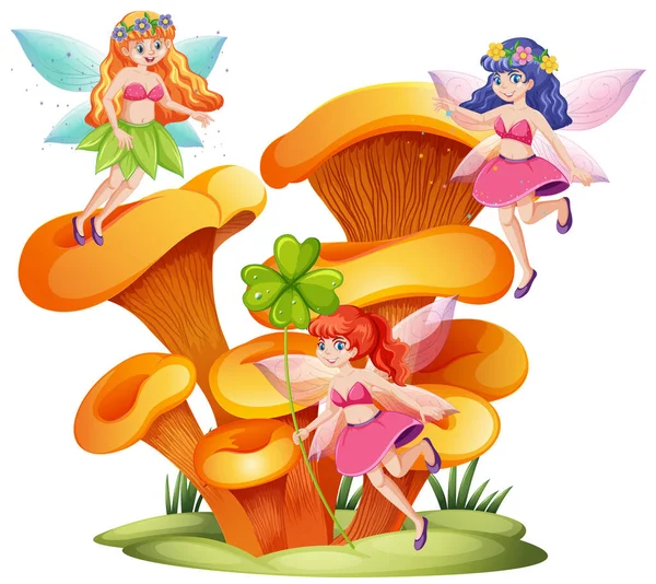 Fairy Tales Mushroom Town Cartoon Style White Background Illustration — Stock Vector