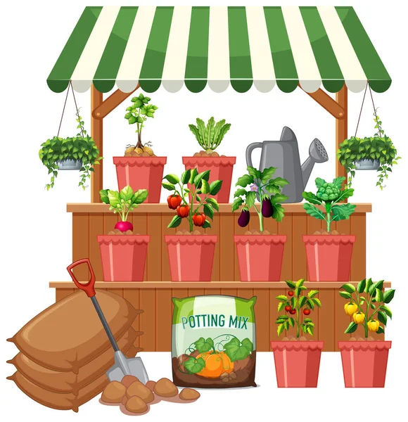 白地にたくさんの野菜の木が並ぶ植物店イラスト — ストックベクタ