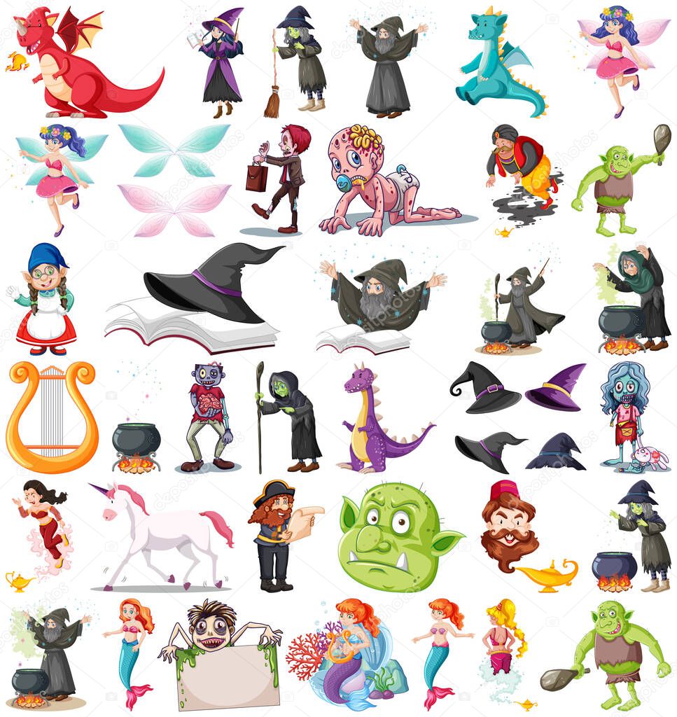 Set of diffrent cartoon characters in fairy tales theme illustration