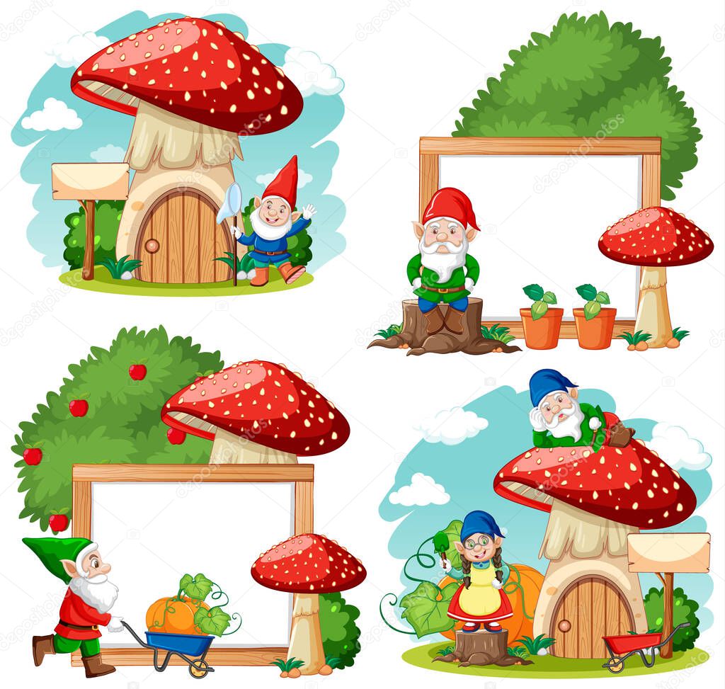 Set of garden gnome cartoon character on white background illustration