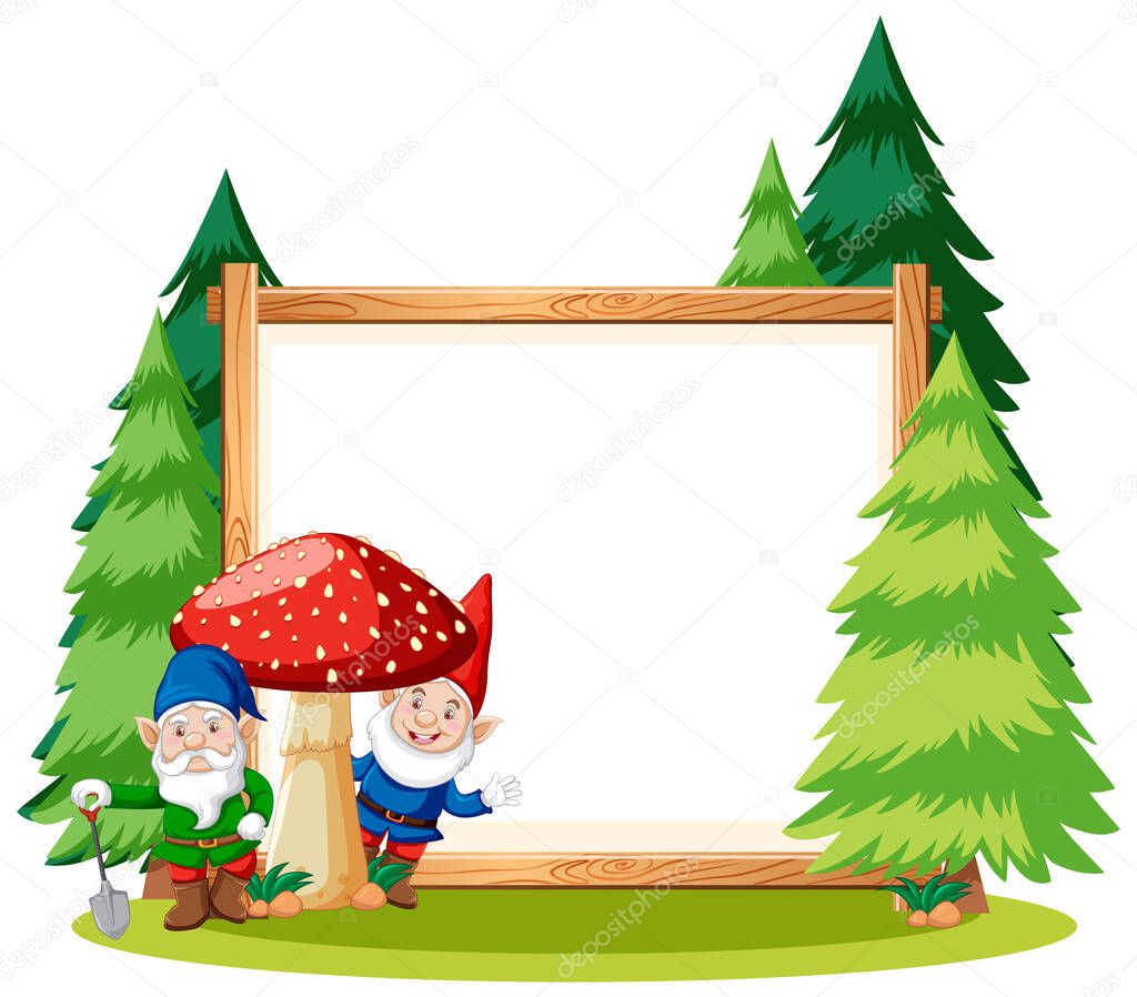 Gnome and mushroom with blank banner on white background illustration
