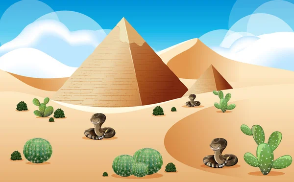 Deserto Com Pirâmide Cascavéis Paisagem Dia Ilustração Cena Tempo —  Vetores de Stock