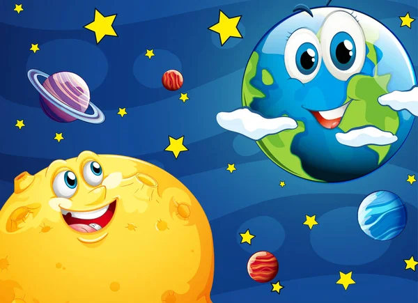 Aufkleber mit Erde und Mond Comic-Figuren, niedliche lustige