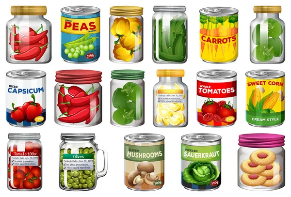 Conjunto Diferentes Alimentos Enlatados Frascos Ilustración Aislada — Archivo Imágenes Vectoriales