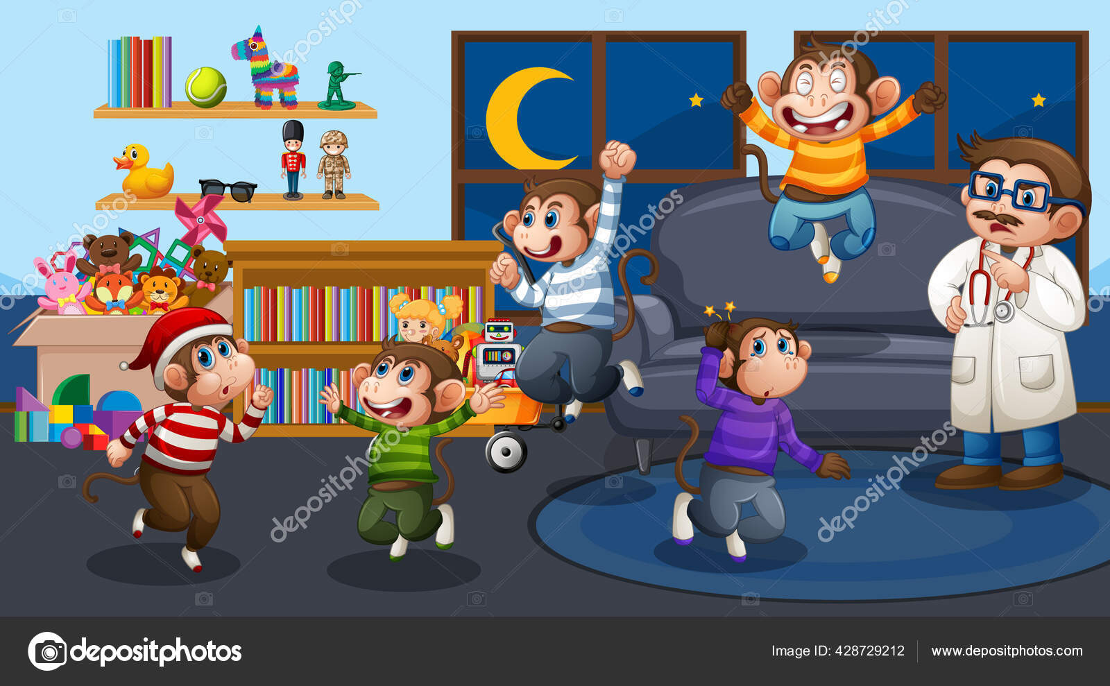 Five Little Monkeys Jumping Living Room Doctor Illustration Stock