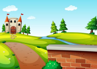 Şato sahnesi çizgi film stili illüstrasyonuna uzun bir yol