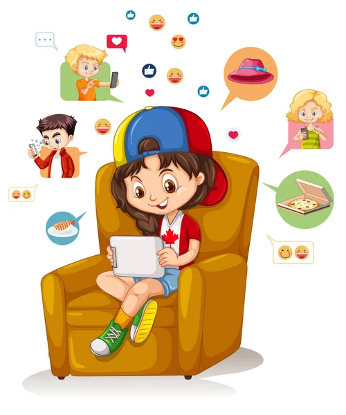 Kinder Mit Social Media Elementen Auf Weißem Hintergrund — Stockvektor