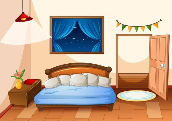 Style Dessin Animé Chambre Coucher Illustration Scène Nuit — Image vectorielle