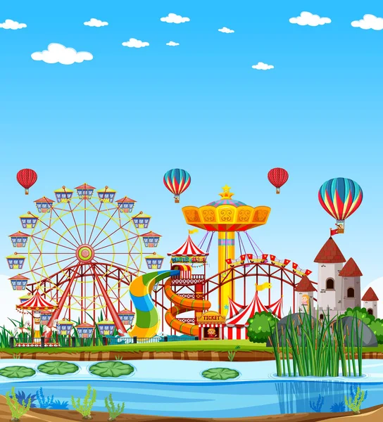 Parque Atracciones Con Escena Pantano Durante Día Con Ilustración Blanco — Vector de stock