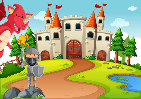 Knight with dragon in fairytale land scene illustration