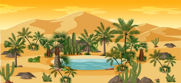 Woestijn Oase Met Palmen Cactus Natuur Landschap Illustratie — Stockvector