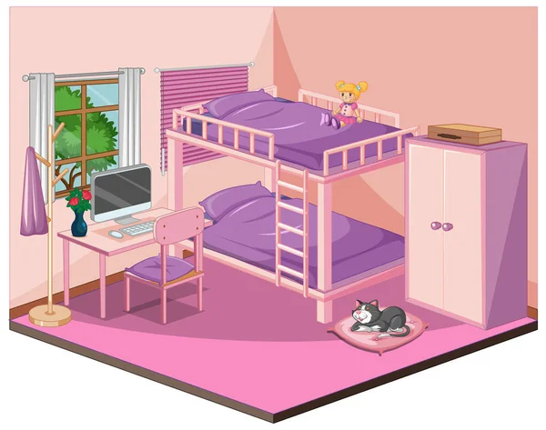 Schlafzimmer Innenausstattung Mit Möbeln Rosa Thema Illustration — Stockvektor