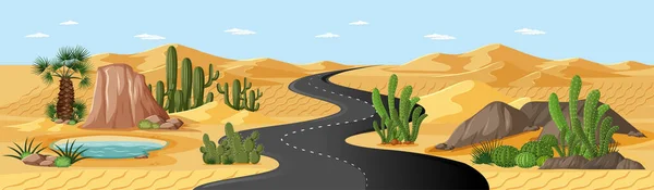 Oasis Del Desierto Con Carretera Palmeras Cactus Paisaje Naturaleza Escena — Vector de stock