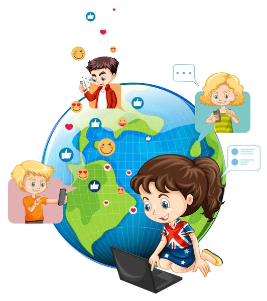 Bambini Con Elementi Social Media Sulla Terra Illustrazione Globo — Vettoriale Stock