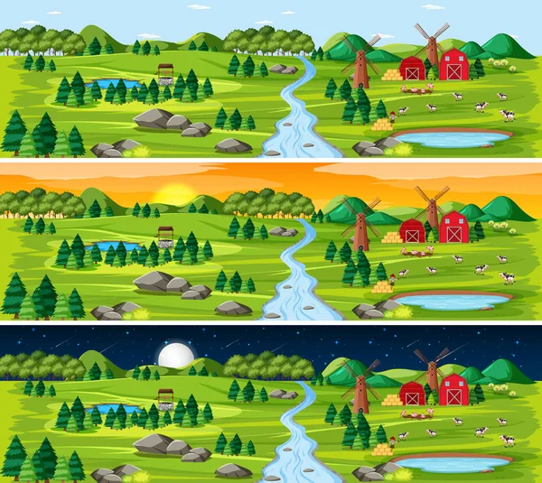 Natureza Paisagem Cena Diferentes Momentos Dia Ilustração —  Vetores de Stock