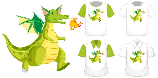 白い背景のイラストに隔離された緑の短い袖と異なる白いシャツのドラゴン漫画のキャラクターロゴ — ストックベクタ