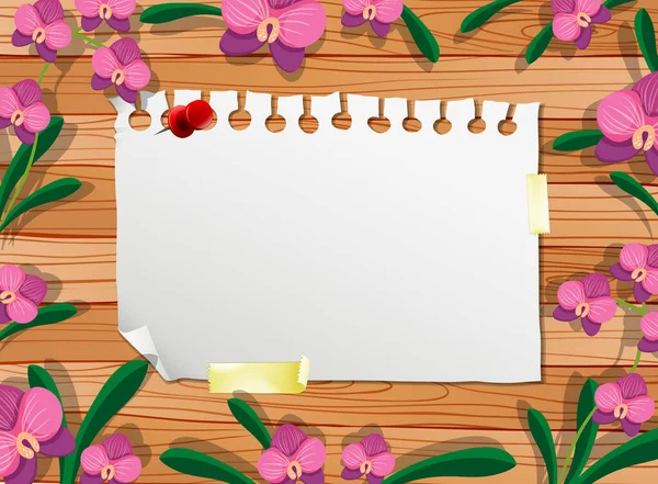 Bovenaanzicht Van Blanco Papier Tafel Met Bladeren Roze Orchideeën Elementen — Stockvector