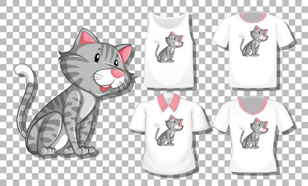 Personaje Dibujos Animados Cat Con Conjunto Diferentes Camisas Aisladas Sobre — Vector de stock