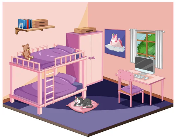 Schlafzimmer Rosa Farbthema Isometrische Illustration — Stockvektor