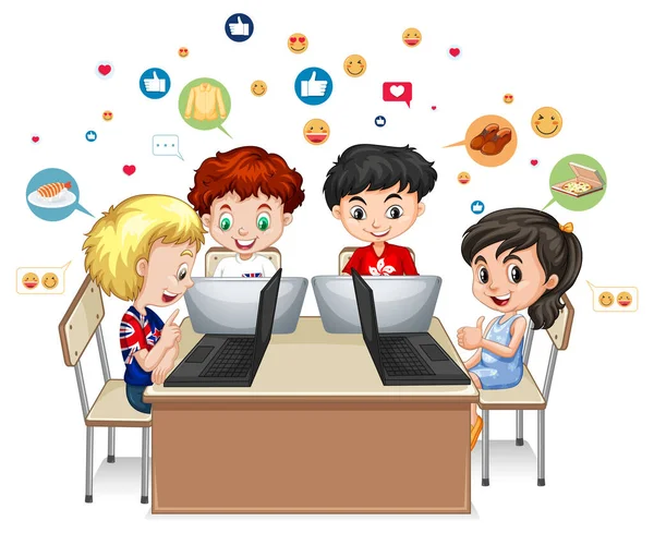 Bambini Con Elementi Social Media Sfondo Bianco Illustrazione — Vettoriale Stock