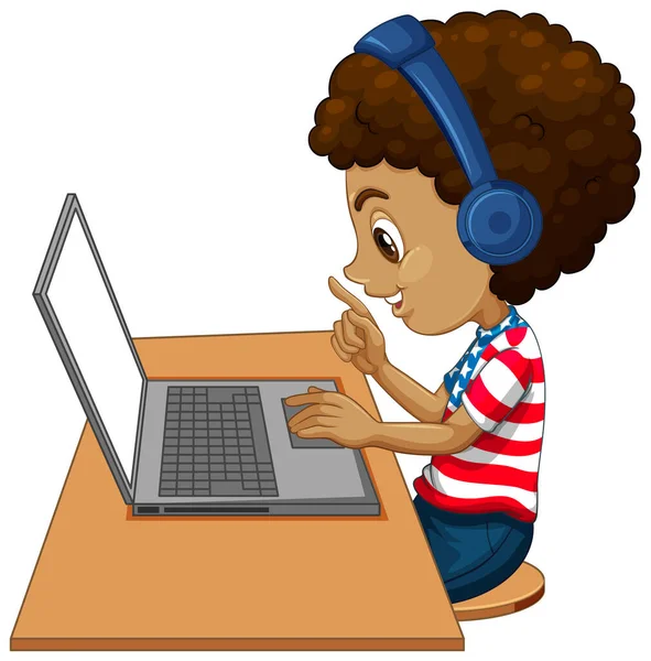 Boční Pohled Chlapce Laptopem Stole Bílém Pozadí Ilustrace — Stockový vektor