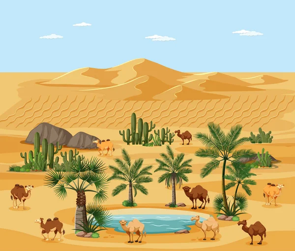 Oasis Désert Avec Palmiers Chameau Nature Paysage Scène Illustration — Image vectorielle