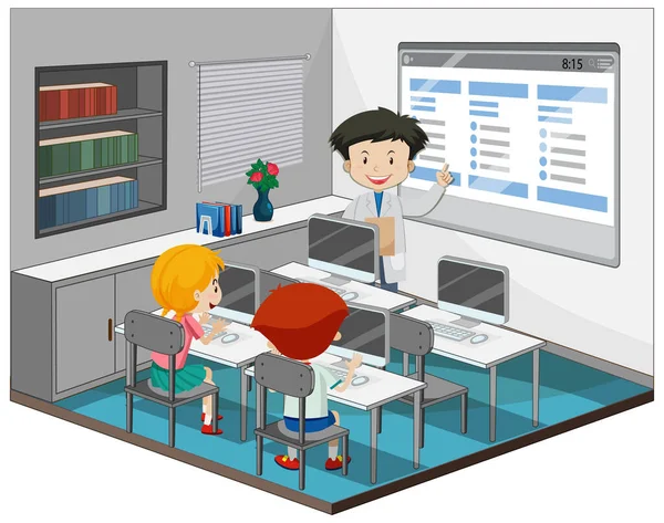 Παιδιά Που Σπουδάζουν Στην Αίθουσα Υπολογιστών Εικονογράφηση Δασκάλου — Διανυσματικό Αρχείο