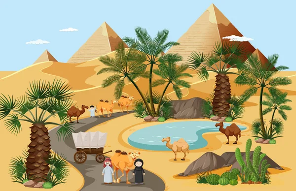 Desert Oaza Palmami Natura Krajobraz Scena Ilustracja — Wektor stockowy