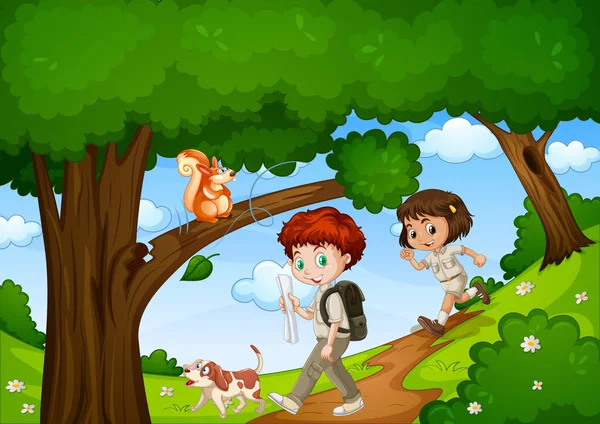 男孩和女孩在公园里享受着可爱的动物图景 — 图库矢量图片
