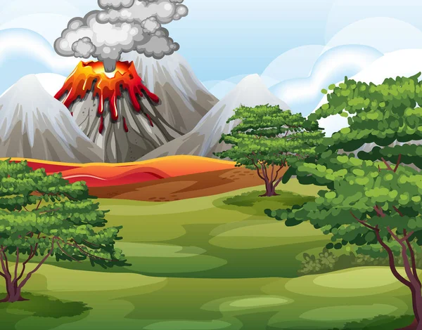 Erupción Volcánica Escena Del Bosque Natural Durante Día Ilustración — Archivo Imágenes Vectoriales