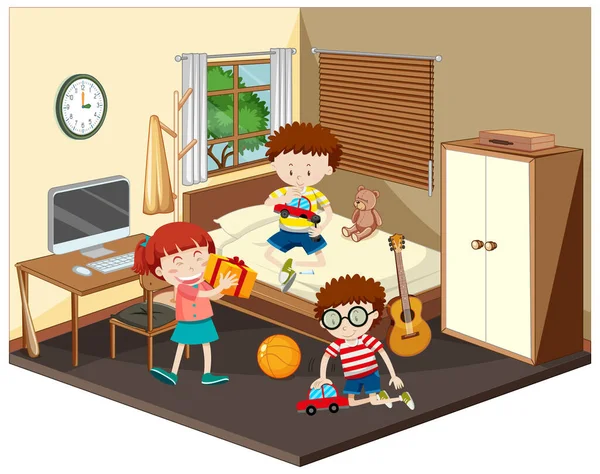 Щасливі Діти Спальні Сцени Коричневій Темі Ілюстрації — стоковий вектор