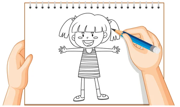 Ręczny Rysunek Szczęśliwej Dziewczyny Zarys Ilustracji — Wektor stockowy