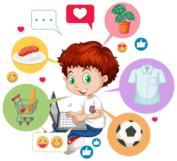 Bambini Con Elementi Social Media Sfondo Bianco Illustrazione — Vettoriale Stock