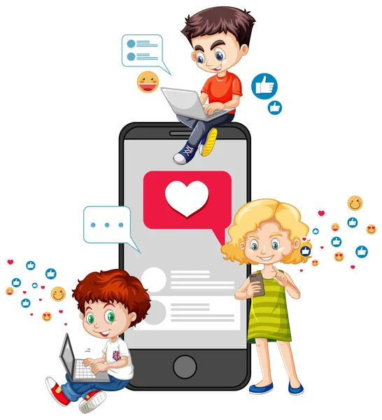 白い背景のイラストにソーシャルメディアの要素を持つ子供たち — ストックベクタ
