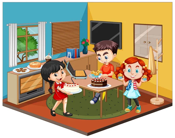 Kids Dinning Room Scene White Background Illustration — Stock Vector