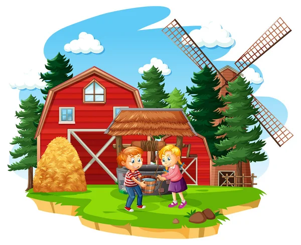 Farm Red Barn Windmill White Background Illustration — Stock Vector