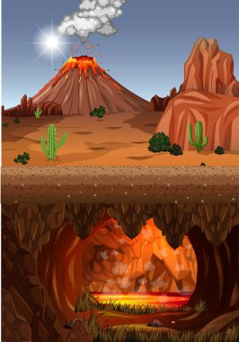 Volcano eruption in nature forest scene at daytime and infernal cave with lava scene illustration clipart