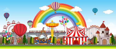 Gündüz vakti gökyüzünde balonlar ve gökkuşağı olan lunapark sahnesi