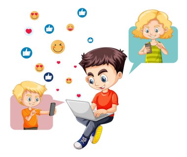 Beyaz arkaplan illüstrasyonunda sosyal medya öğelerine sahip çocuklar