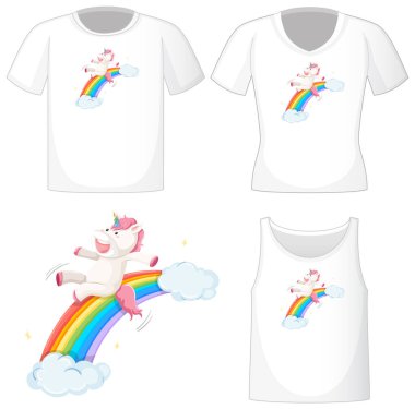 Beyaz arkaplanda izole edilmiş beyaz gömleklerdeki şirin tek boynuzlu at logosu.