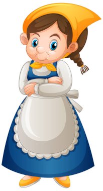 Beyaz arkaplanda hizmetçi üniforması giyen genç bir kız.