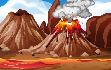 Volcano eruption in nature scene at daytime illustration clipart
