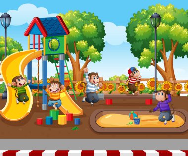Parkın bahçesinde zıplayan beş küçük maymun.
