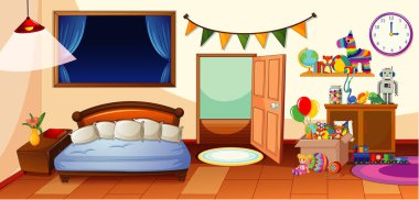 Bir sürü oyuncak sahnesi olan çocuk odası.
