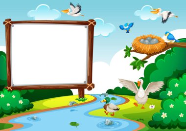 Orman sahnesinde ahşap boş afiş