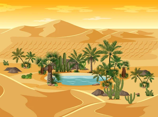 Oasis Del Desierto Con Palmeras Naturaleza Paisaje Escena Ilustración — Archivo Imágenes Vectoriales